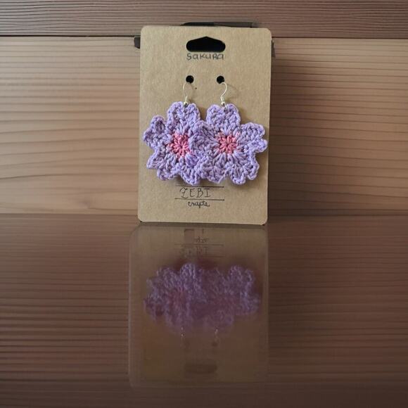 Sakura Cherry Blossom Crochet Earrings Handmade Fish Hook Hypoallergenic - Picture 2 of 4